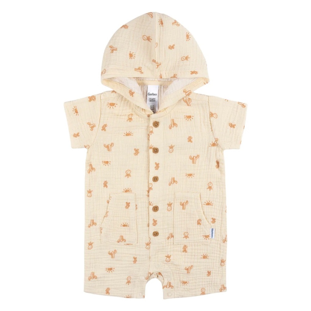GERBER Baby Boys Desert Cotton Gauze Hooded Romper